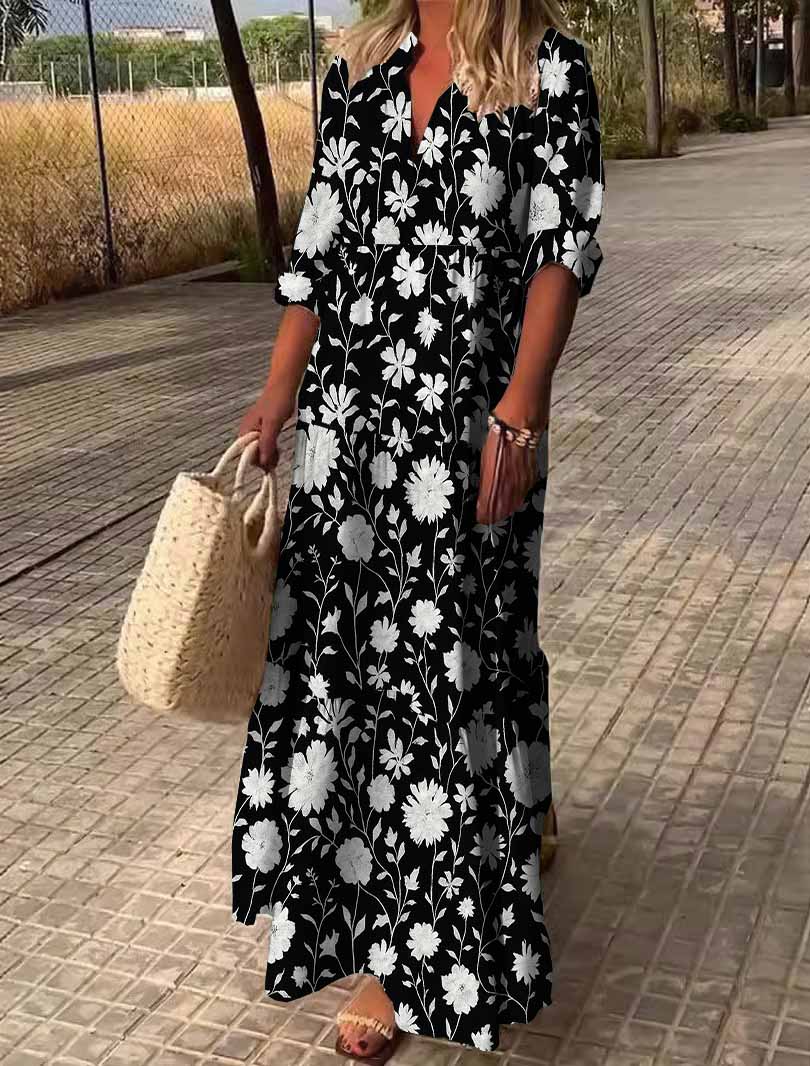 Women Floral, White, Black DZDN0936 SPU Printed Long Sleeve V-neck Maxi Dress