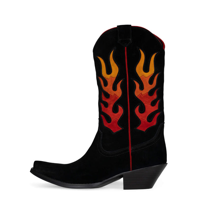 Black Flame Pattern Mid Wild Calf Pointed Toe Block Heel Cowgirl Boots