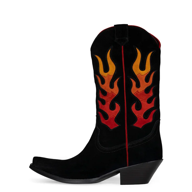 Flame Pattern Mid Calf Wild Calf Cowgirl Boots Pointed Toe Block Heel Halloween Shoes |FSJ Shoes