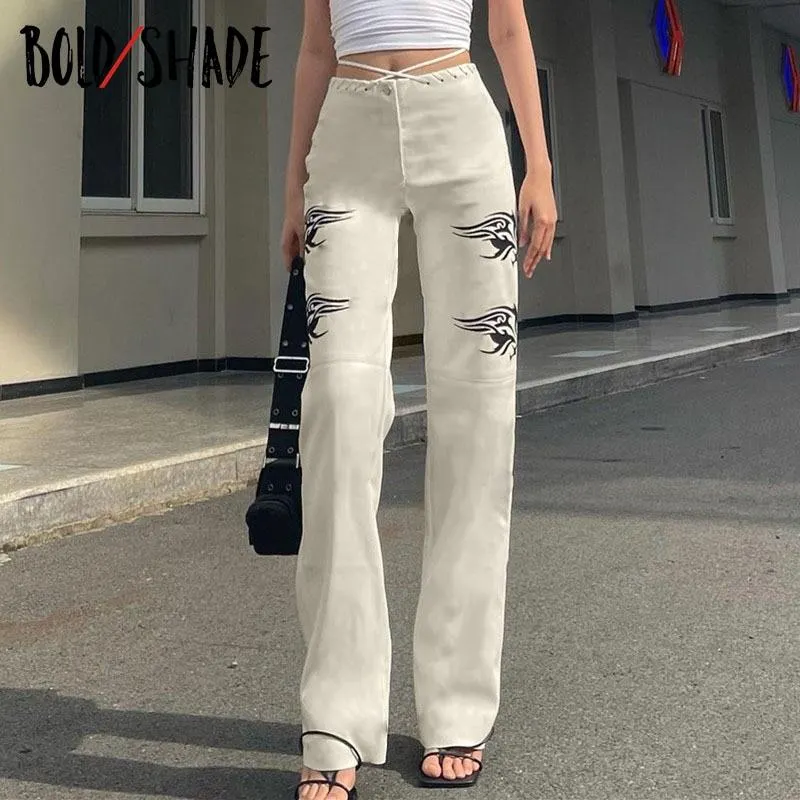 Bold Shade Street Style Retro Pants Y2K Graphic Print High Waist Straight Legs Pants Soft Grunge Fashion Indie Trousers Lace Up