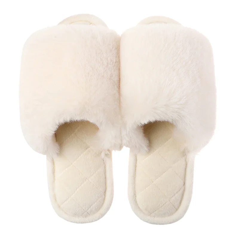 Qengg Warm Slides Women Home Slippers Fluffy Indoor Shoes Ladies Flip Flops Flat Fur Female Slippers Pink White Comfort Footwear
