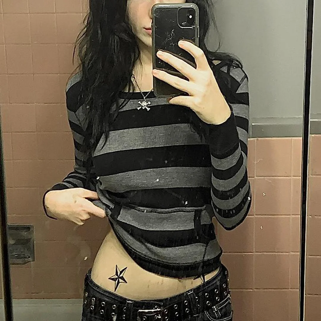 Tawnie 2022 Goth Fairycore Grunge Striped Hooded T Shirt Women Vintage Aesthetic Long Sleeve Tee Tops Y2K Casual Hoodie Tees