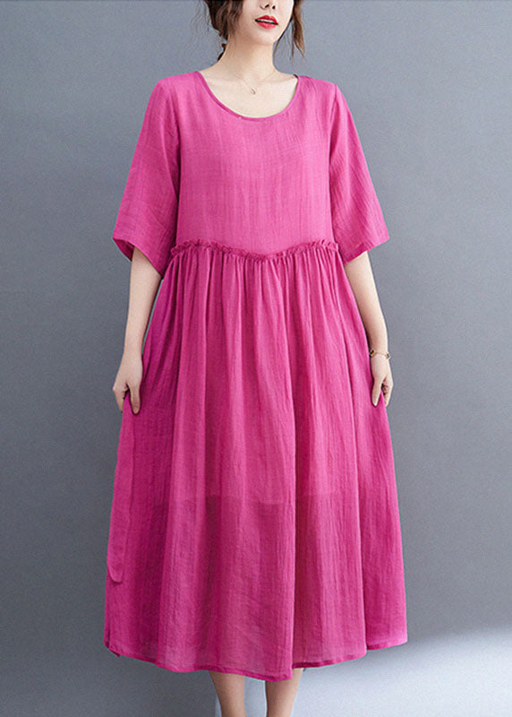 VCSHOES Rose O-Neck Ruffled Exra Large Hem Solid Color Linen Holiday Dress Half Sleeve