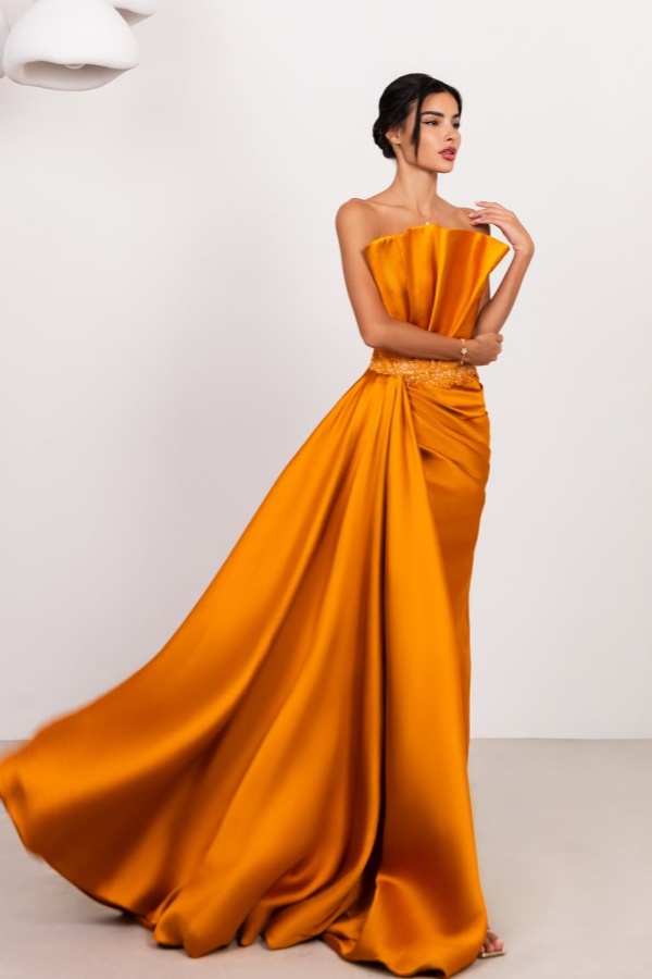 Lussooy Satin Strapless Gorgeous Beaded Sleeveless Prom Dress with Pleated 