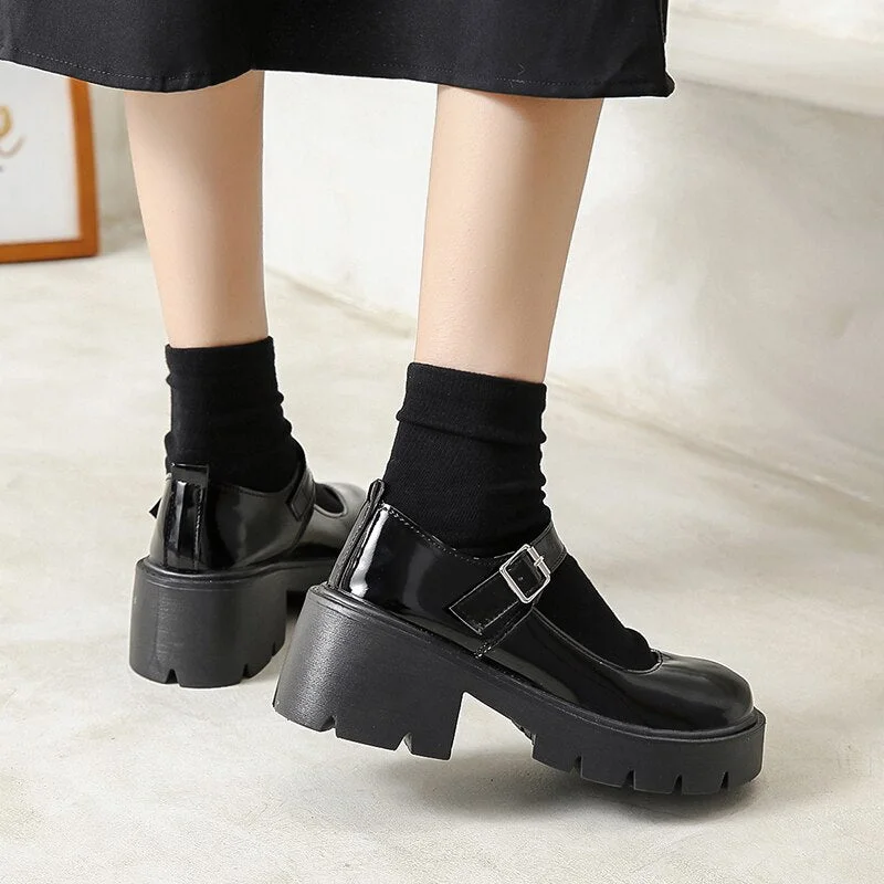 Retro Patent Leather Mary Jane Shoes Women Round Toe High Heels Platform Shoes Woman Japanese Style Student Lolita Shoes