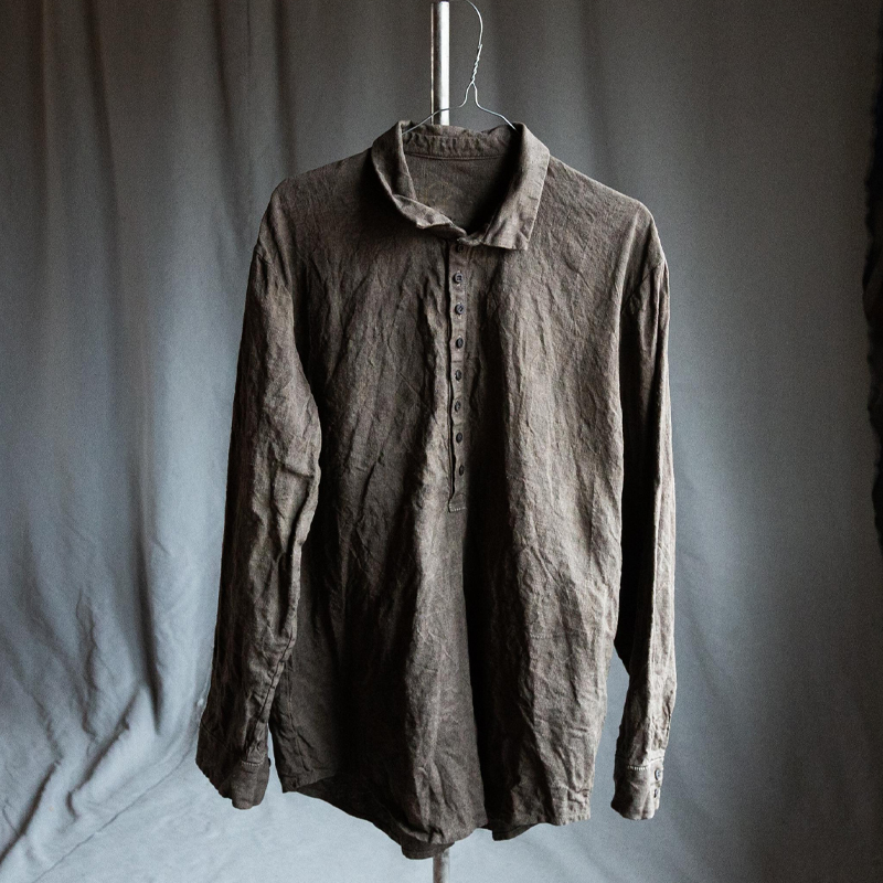 Men's Natural Olive Dyed Linen Henley Collar Shirt