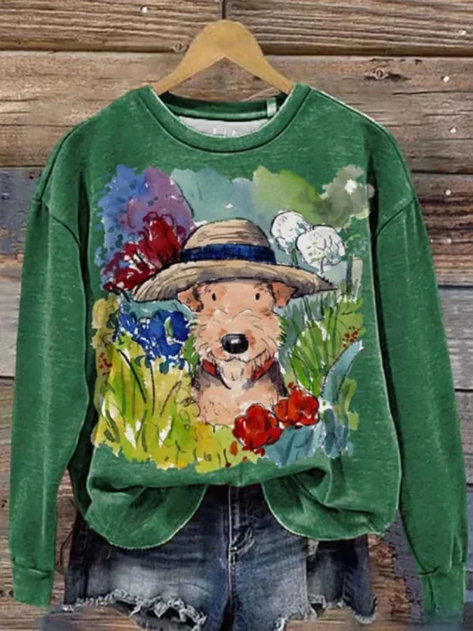 Women's Cute Watercolor Dog Print Casual Sweatshirt