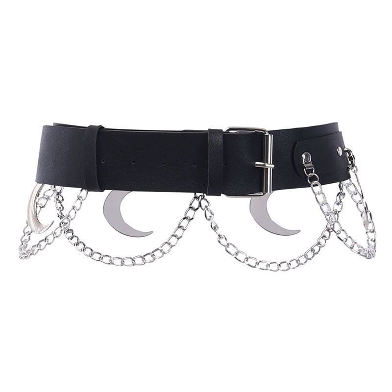 InsGoth Punk Hip Hop Metal Belt PU Leather Belt Gothic Streetwear Chain Moon Goth Belt Dance Streetwear Individual Women Belt