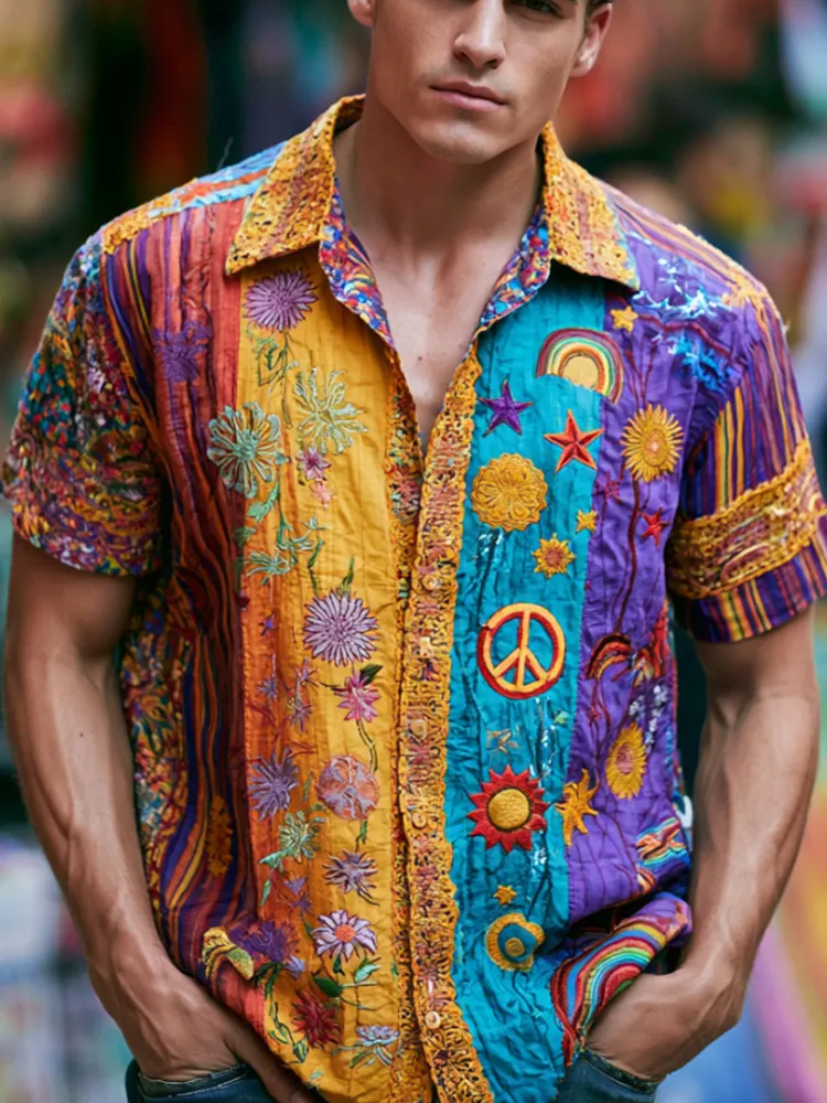Comstylish Men's Peace Symbol And Floral Art Hippie Embroidered Patchwork Casual Short Sleeve Shirt