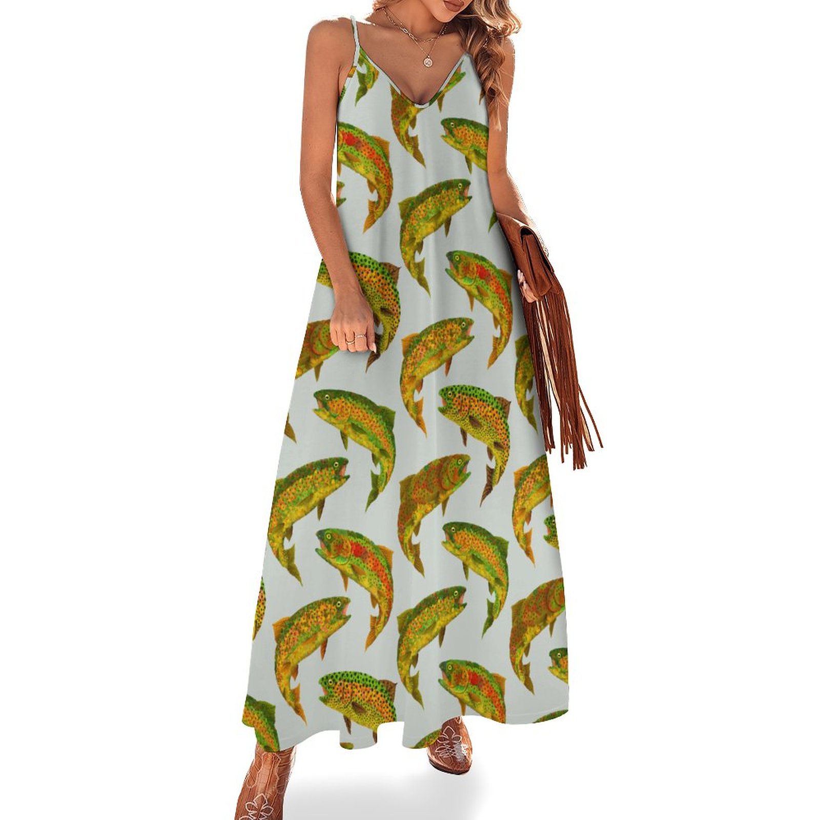 Aspen Leaf Rainbow Trout Women's Casual Strappy V Neck Sleeveless Flowy Loose Long Maxi Beach Dress Sundress Rainbow-L
