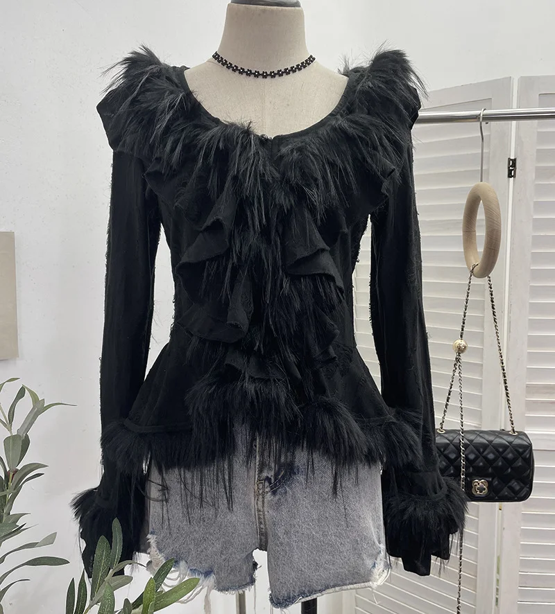 Uveng Real Shooting Waste Soil Wind Irregular Wood Ear Trumin Knitting To Make Old Hole Splicing Hairy Blouse Hottie Cardigan 2987