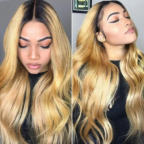 1B/27 Ombre Body Wave T Part Lace Wig Honey Blonde Color with Dark Roots
