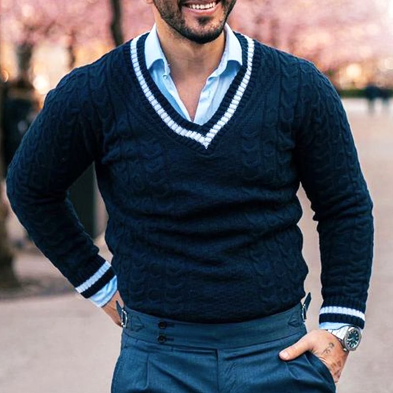 Contrast Color Business Casual Men's V-Neck Sweater