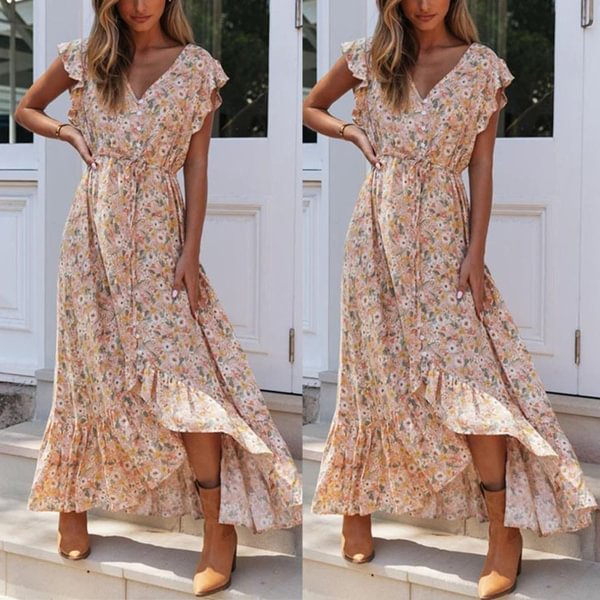 Summer Trending Dresses for Women Sleeveless Floral Print V Neck Ruffle Boho Casual Long Dress - Chicaggo