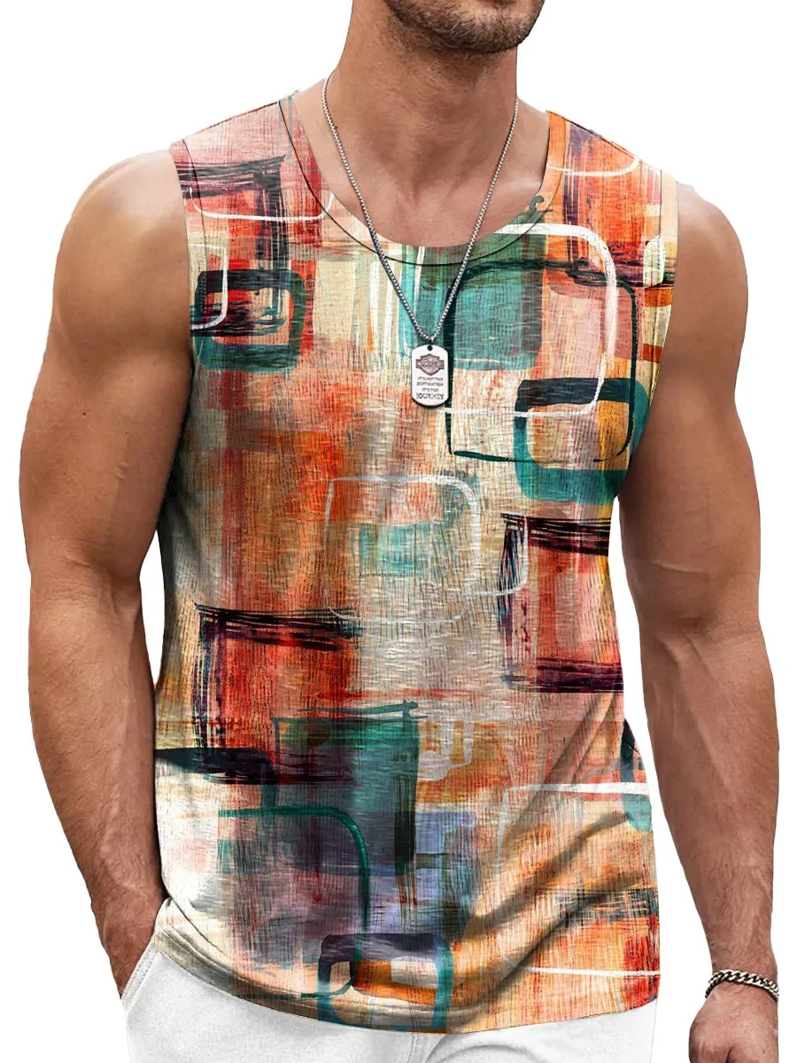 Retro Colorful Geometric Print Crew Neck Tank Top