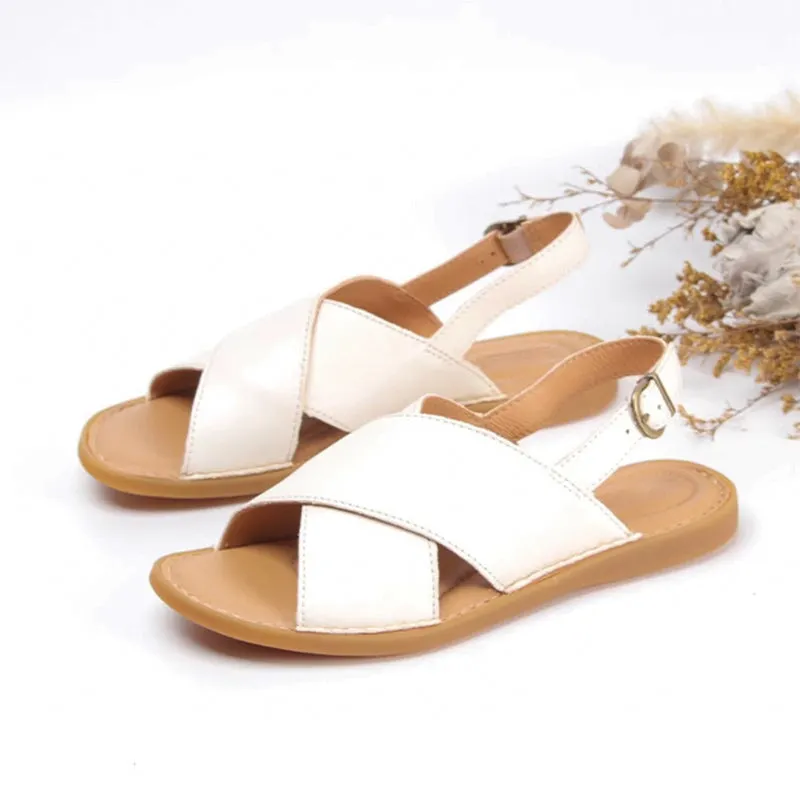Women's Wide Strap Peep Toe Leather Flat Sandals Shoes