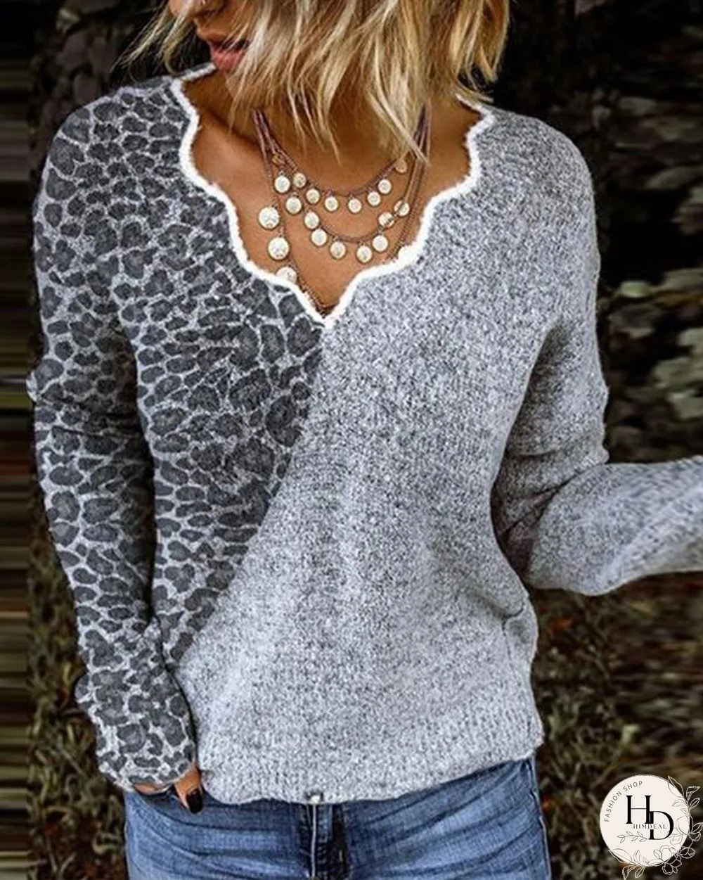 Women Exotic V Neck Long Sleeve Sweater