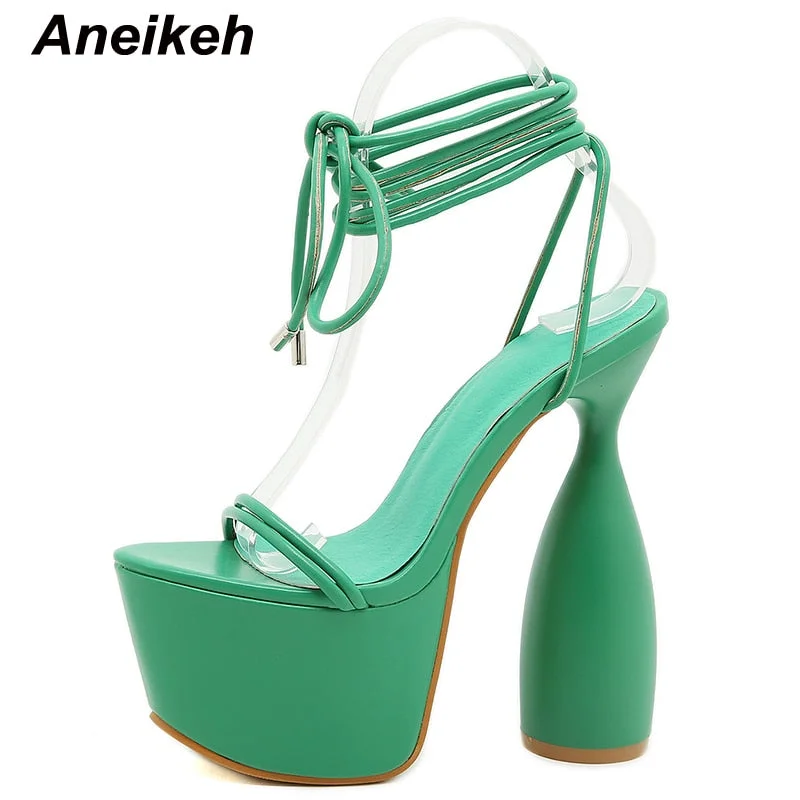 Aneikeh 2022 Spring Narrow Band Fashion Platform Ankle-Wrap Lace-up Sandalias De Las Sweet PU Peep Toe Thin Heels New Size 35-40