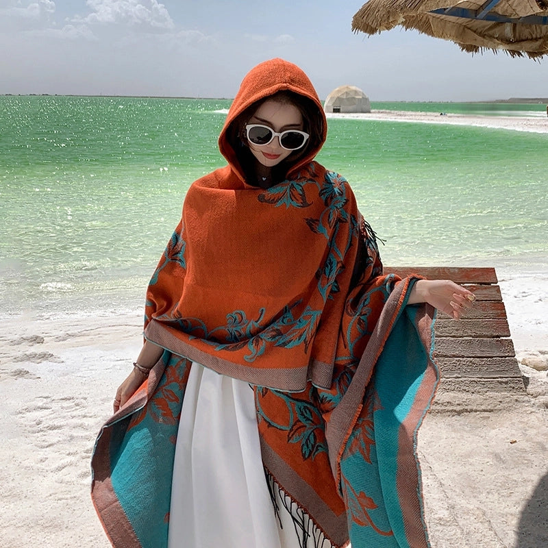 Ethnic Style Hooded Shawl Cloak Lijiang Xinjiang Tibet Northwest Tourism Wear Photograph Warm Outer Cape