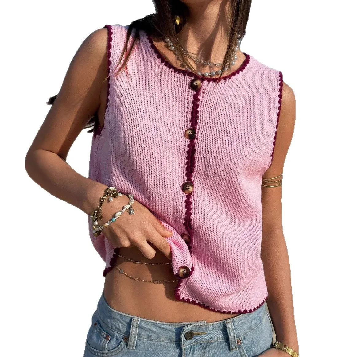 Women's Sleeveless Button Down Contrast Trim Sweater Vest