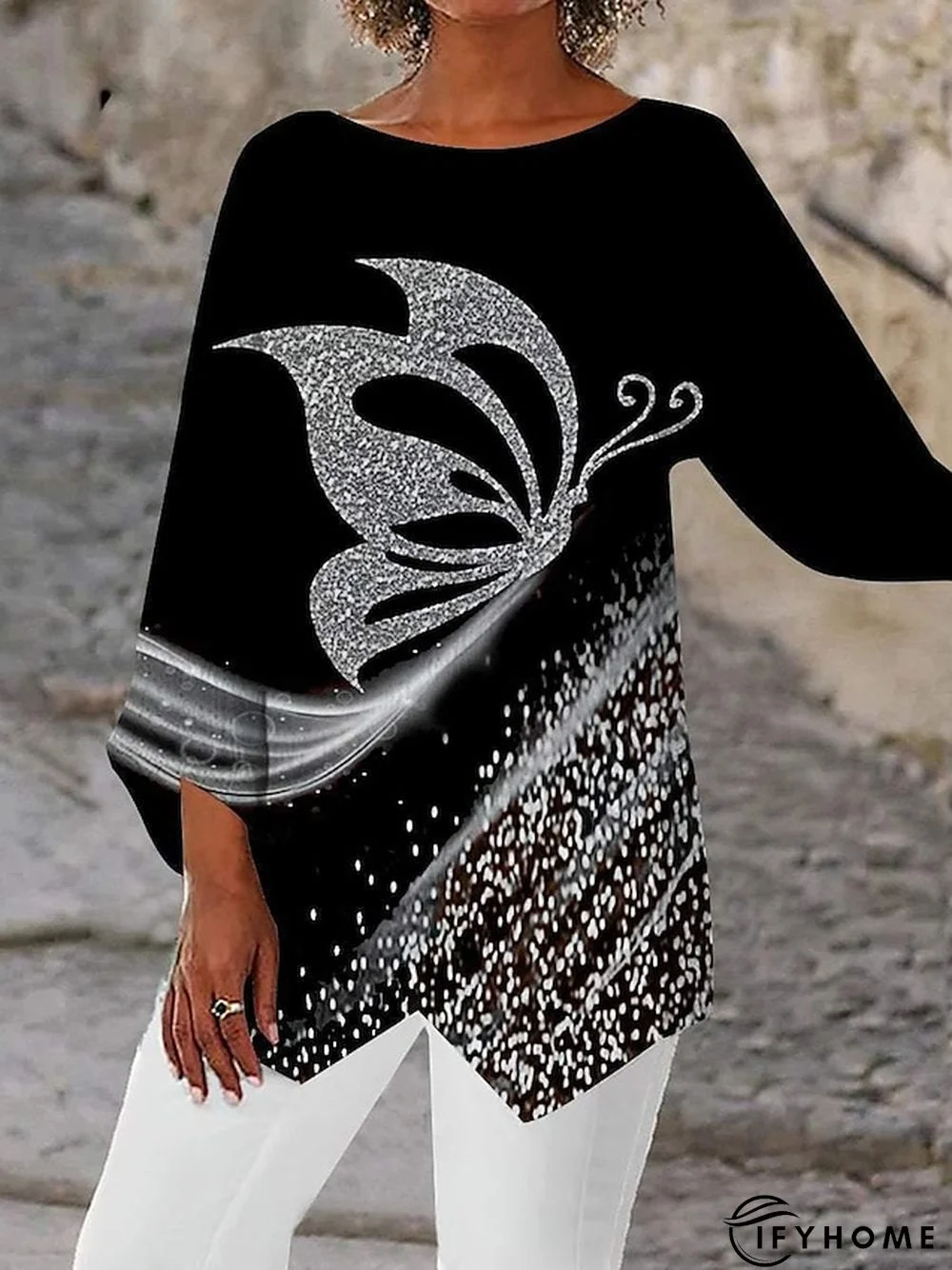 Women's Shirt Blouse Black White Light Grey Geometric Butterfly Asymmetric Print Long Sleeve Casual Holiday Basic Round Neck Long Butterfly Geometric S | IFYHOME