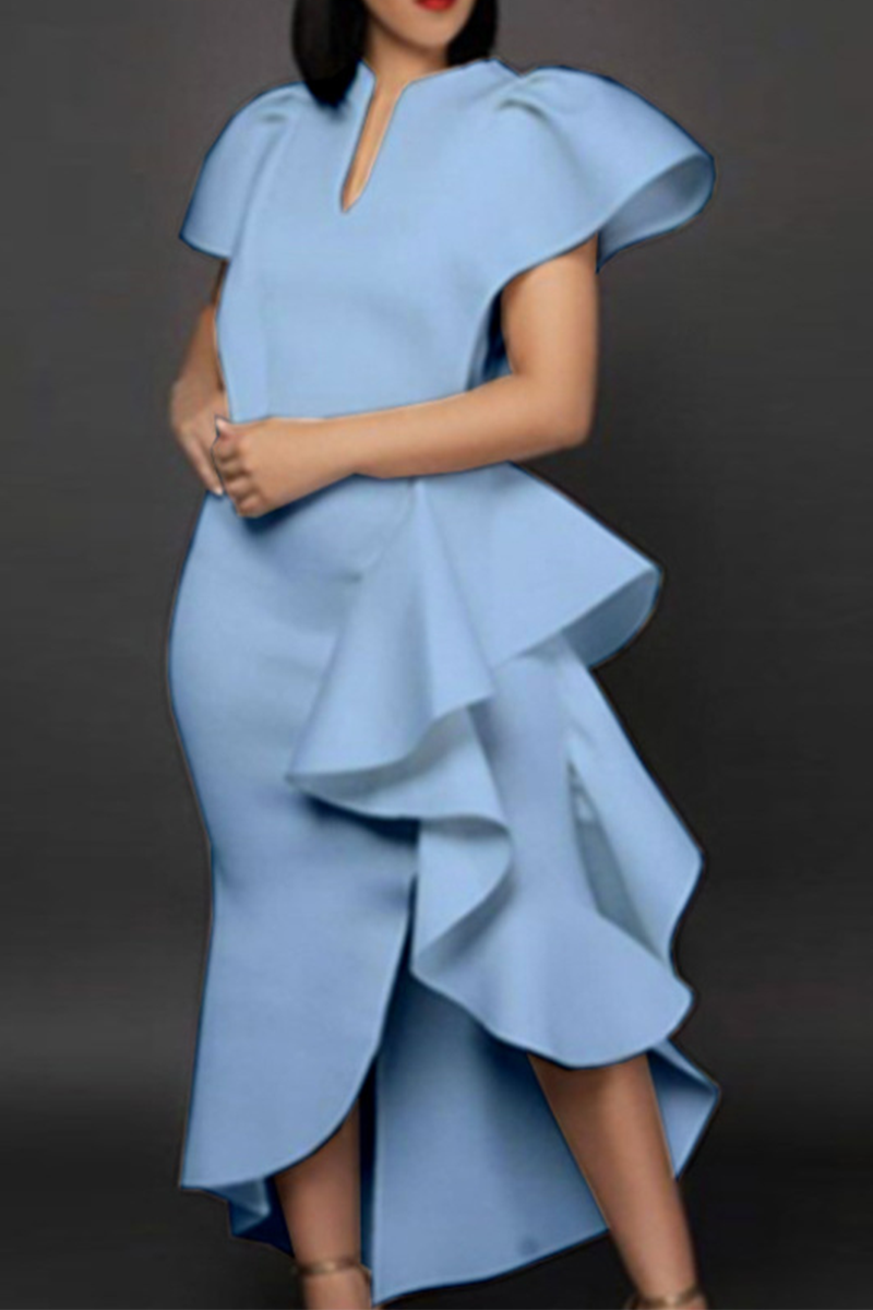 Hollow cake skirt U-neck lotus leaf sleeves cotton dress