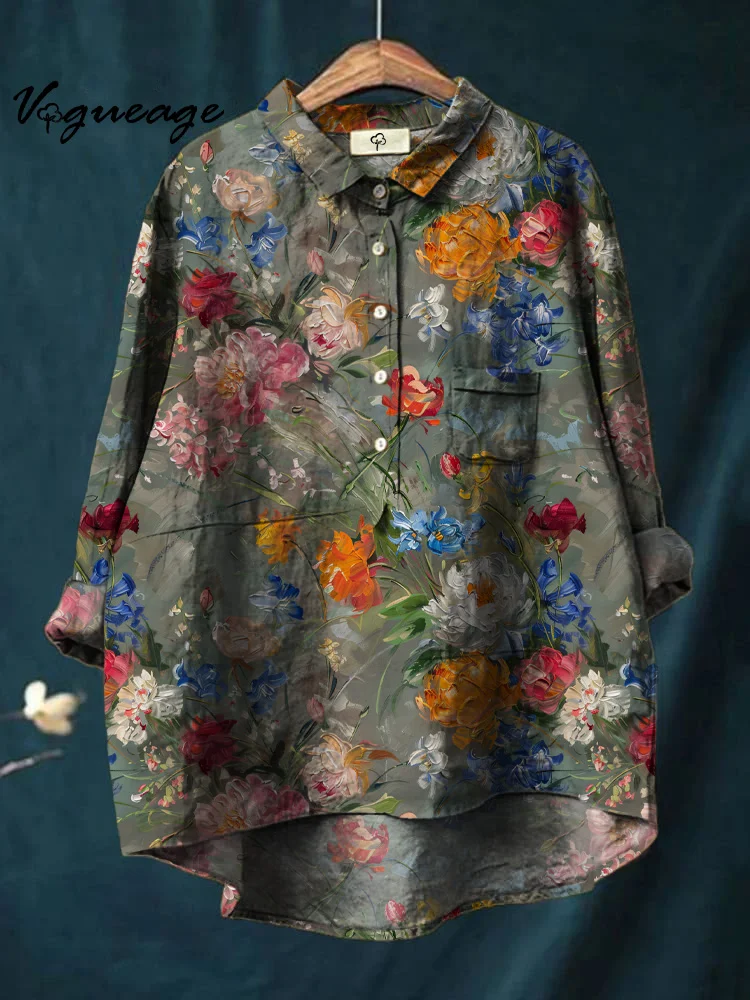 Women's Oil Painting Flower Print Cotton And Linen Shirt