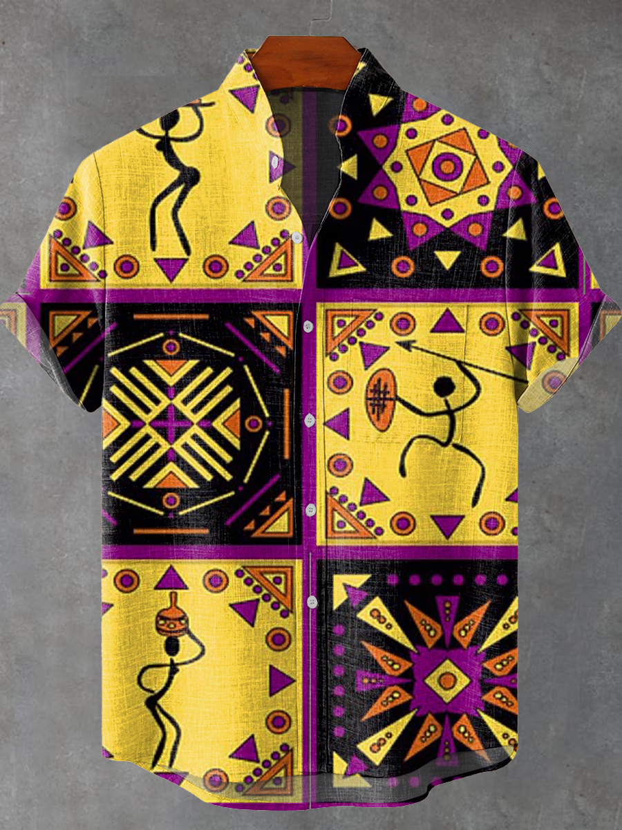 Vintage Abstract African Tribal Totem Painting Art Print Casual 100% Cotton Shirt