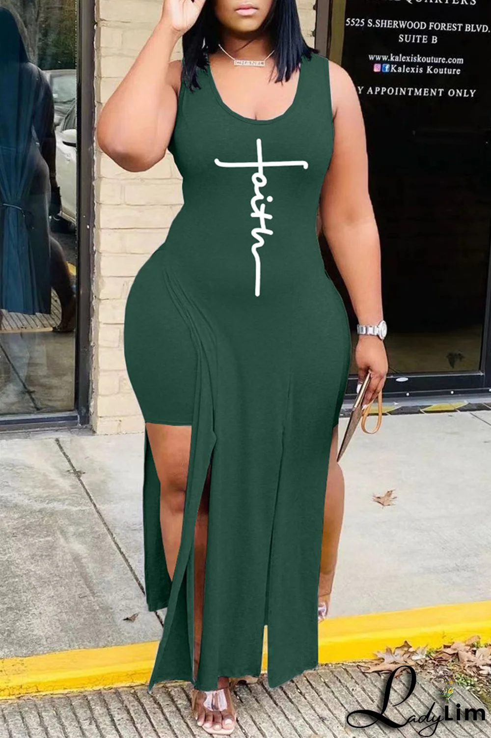 Grey Fashion Sexy Print Slit Vests U Neck Sleeveless Two Pieces