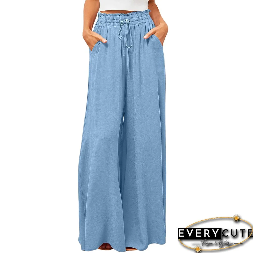Blue High Waist Elastic Waistband Long Culottes