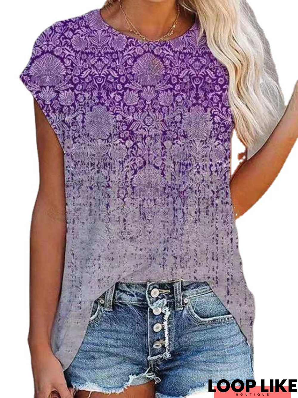 Summer New Gradient Retro Printed Short Sleeve T-Shirt Women's Casual Top