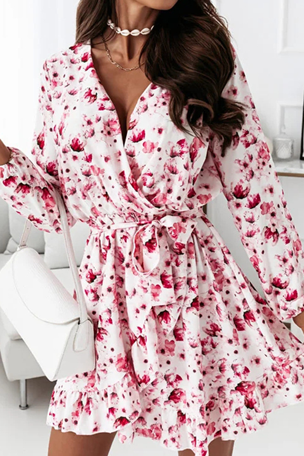 Fashion Elegant Floral Flounce With Belt V Neck A Line Dresses - Life is Beautiful for You - SheChoic