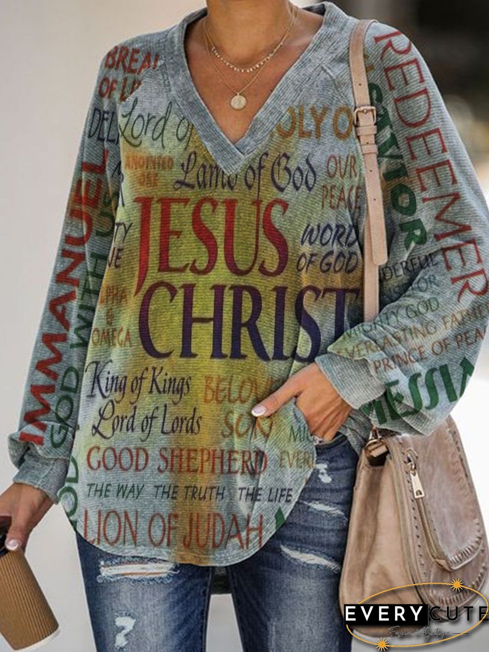 Vintage Letters Jesus Printed V Neck Long Sleeves Plus Size Casual Sweatshirts