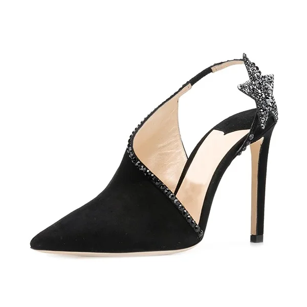 Black Vegan Suede Rhinestone Star Slingback Heels Pointy Toe Office Shoes |FSJ Shoes