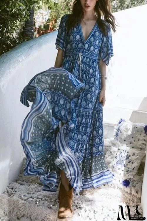 MidiSono - Print V Neck Short Sleeve Maxi Dress