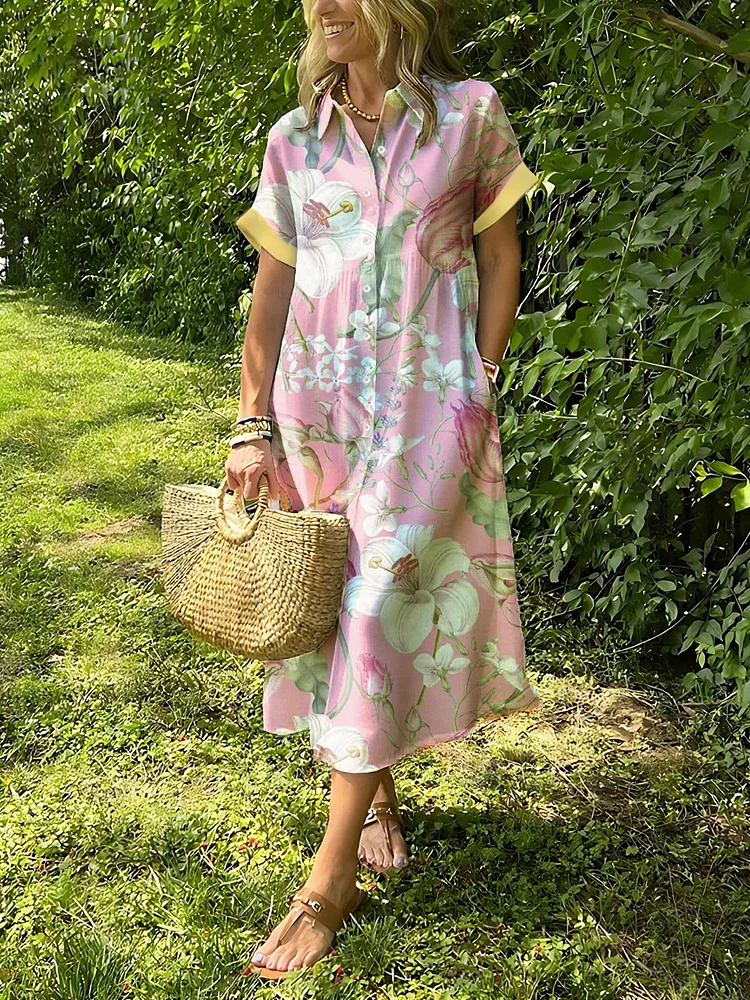 Vintage Floral Lapel Button Up Dress 