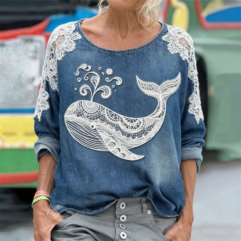 Vintage Whale Lace Art Washed T Shirt wearshes