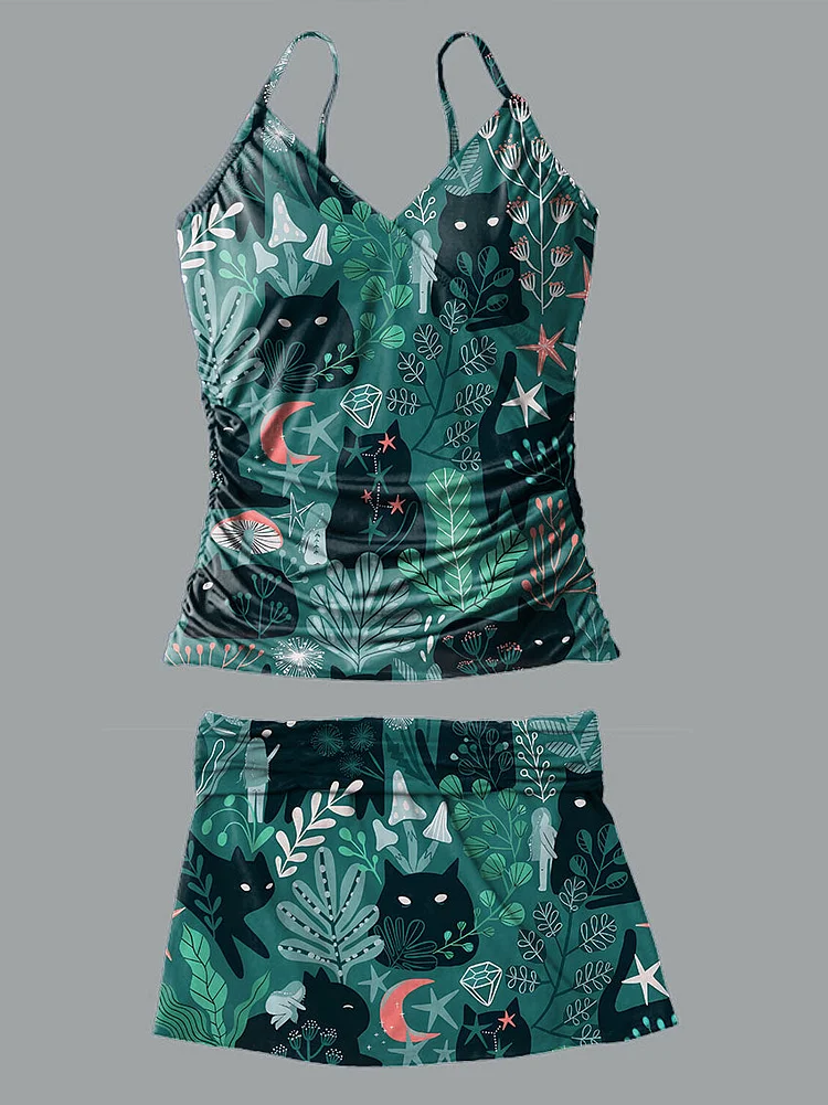 V-Neck Retro Black Cat Print Suspender Skirt Tankini Pantskirt Set Swimsuit