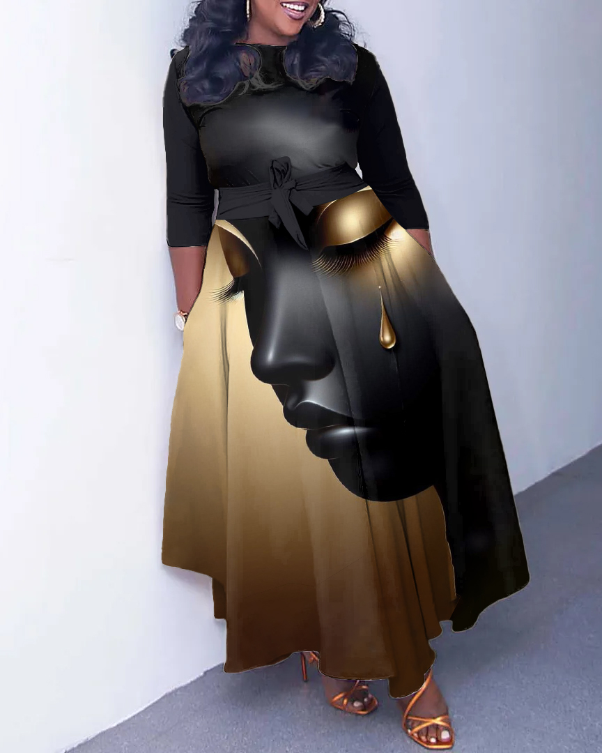 Golden Tears Girl Art Long Sleeve Pockets Maxi Dress