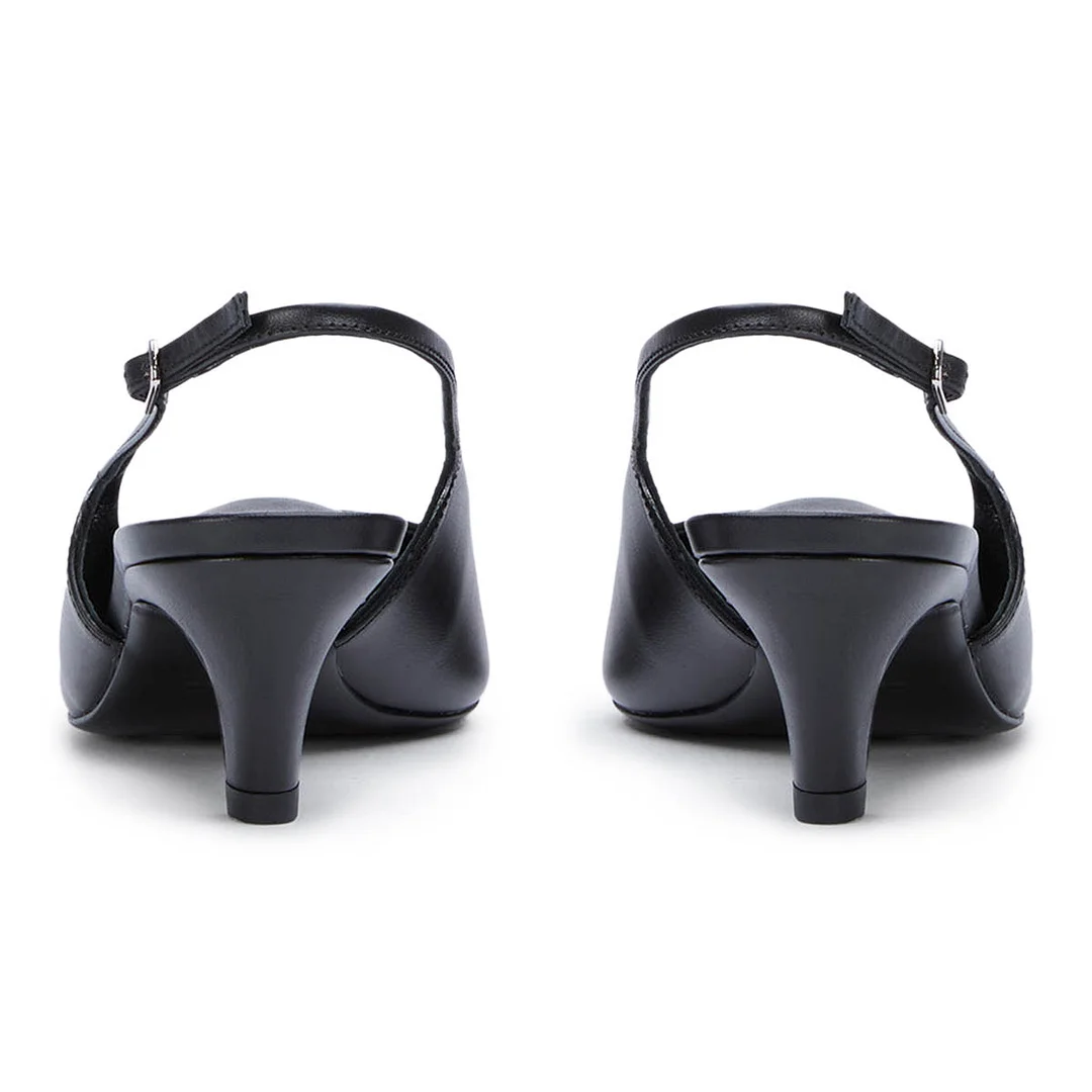 Black Vegan Leather Pointed Toe Buckle Strap Slingback Kitten Heels