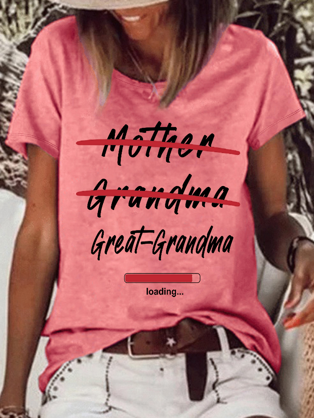 Women's Funny Word Great Grandma Loading Casual Crew Neck T-Shirt