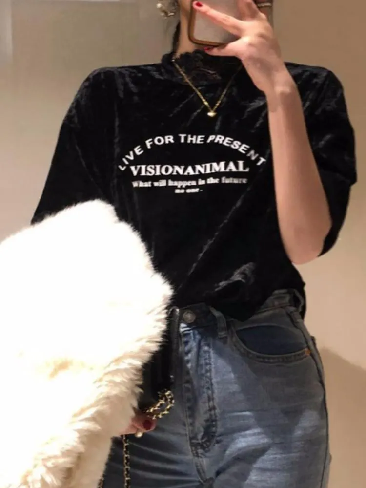 Round Neck Letter Printed Velvet Top
