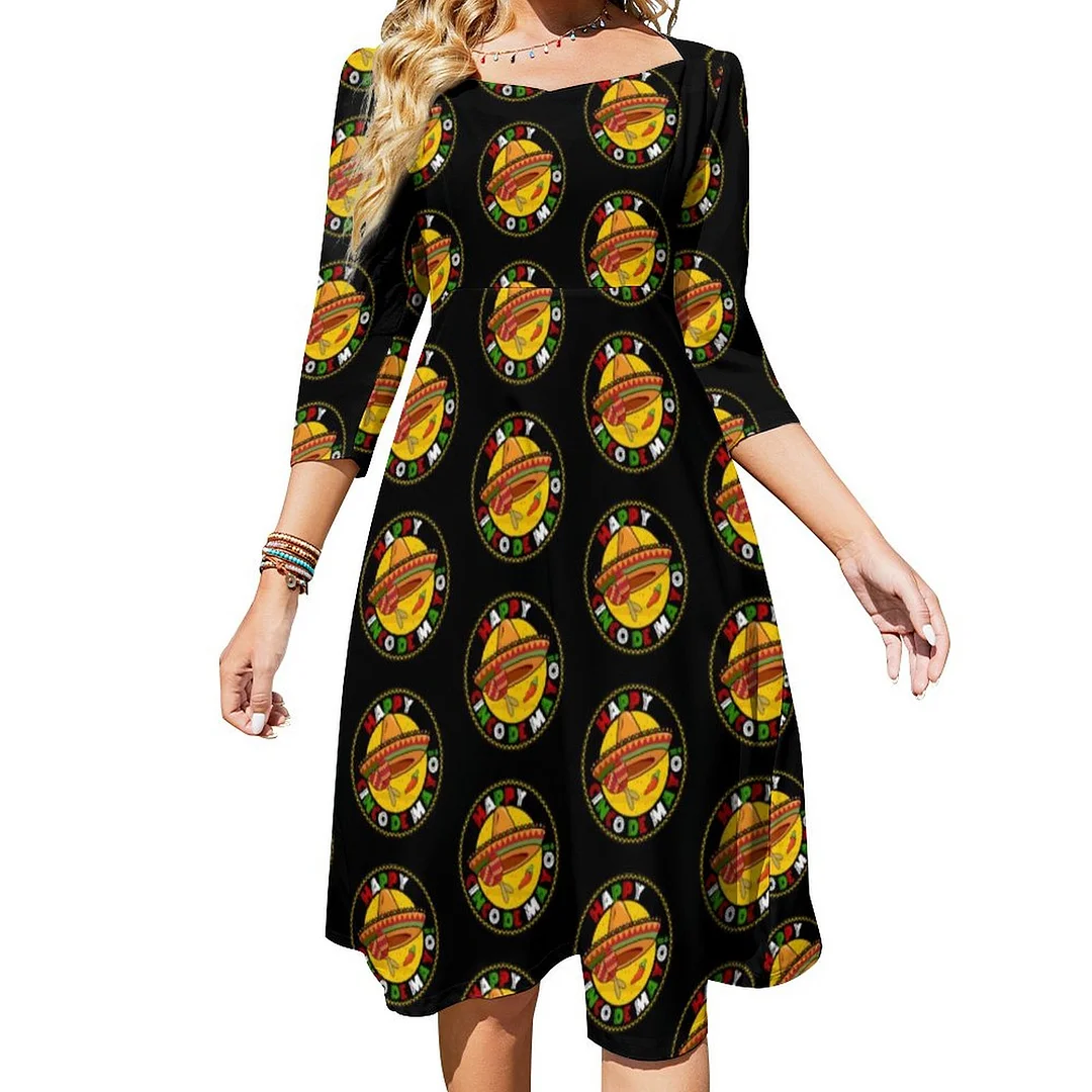 Cinco De Mayo Womens Exercise Yoga Pants Dress Sweetheart Tie Back Flared 3/4 Sleeve Midi Dresses