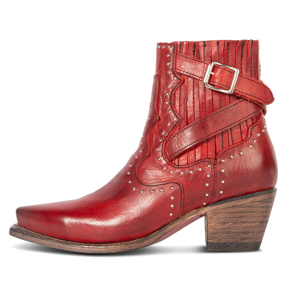 Red Studded Buckle Strappy Pointed Toe Chunky Heel Cowgirl Boots Nicepairs