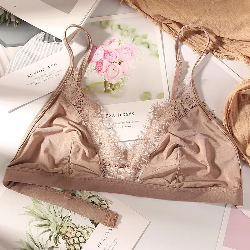 Sexy Bralette Eyelash Lace Bra Women Thin Brassiere Wireless Seamless Underwear Female 3/4 Cup Intimates Lingerie Satin Bralet