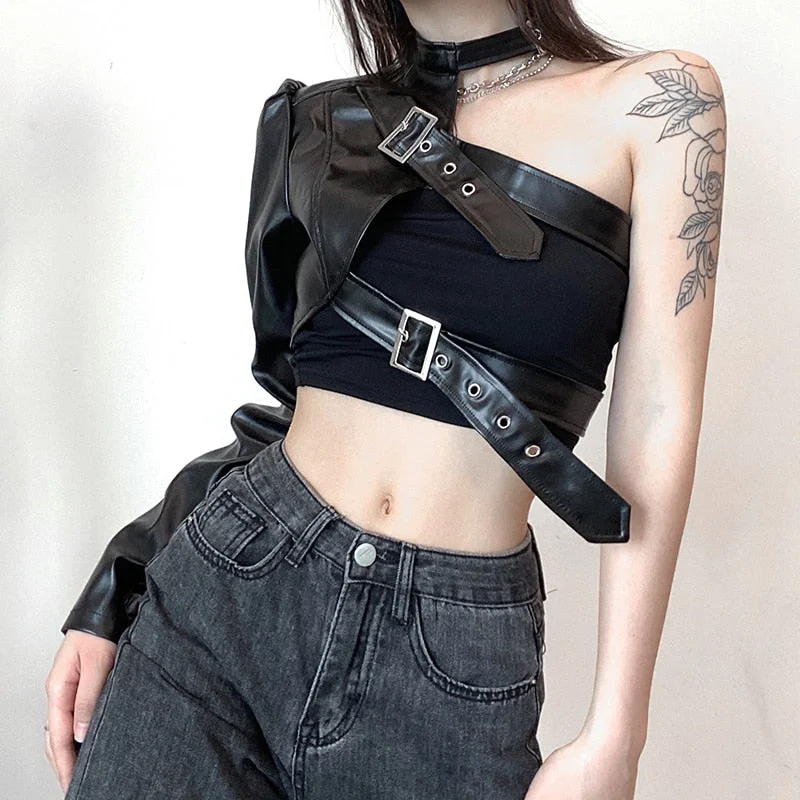 wsevypo Cool Black PU Faux Leather Crop Tops Women Metal Buttons One Shoulder Halter T-Shirt Punk Streetwear Gothic Outwear