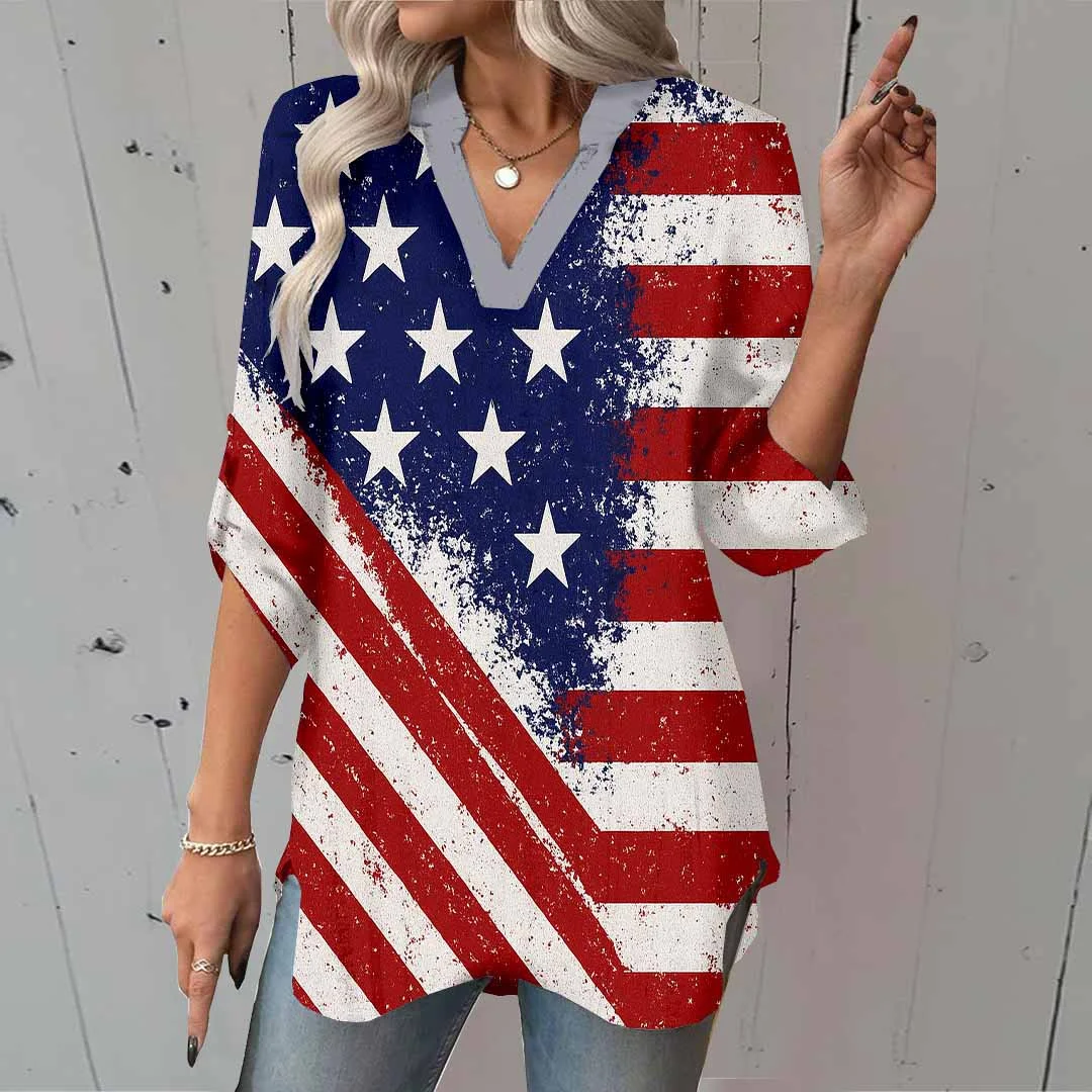 Women  Independence Day, Star, Striped, Blue, Red DZGA0247 3/4 Sleeve V-neck Printed Graphic Button Tops