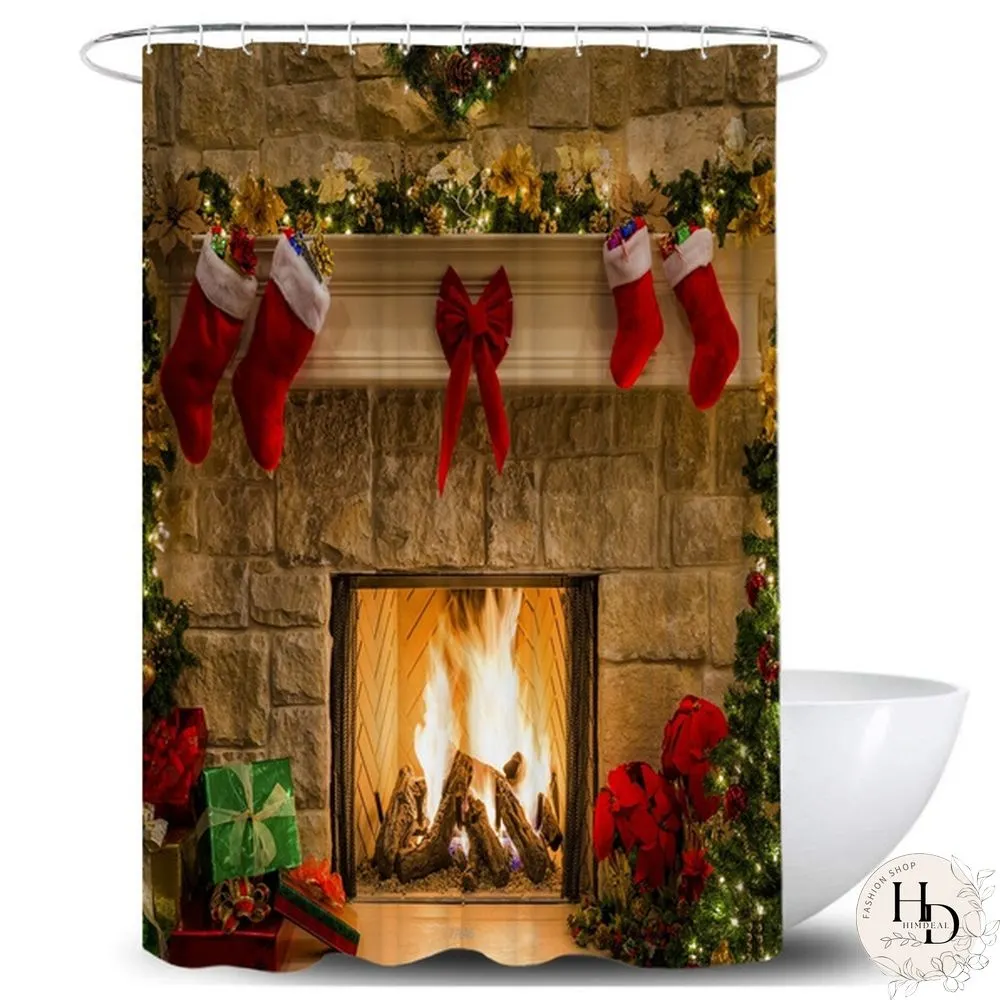 Watershed Christmas Shower Curtains Bath Mat Set Xmas Eve Fireplace Gifts Red Socks