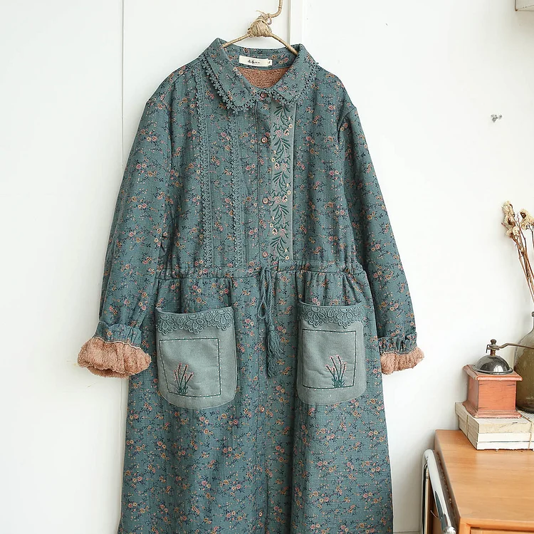 Queenfunky cottagecore style Vintage Embroidered Pattern Fleece Dress QueenFunky