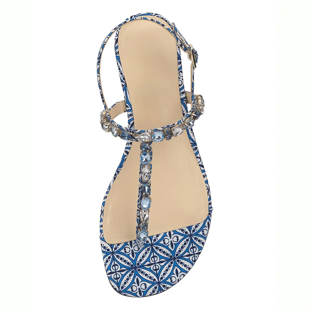 Blue Round Toe Flip Flop Slingback Women's Sandals with Rhinestones